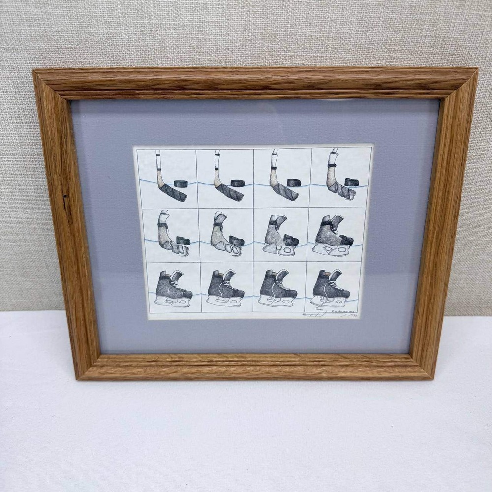 Vintage 1993 E Halsey Signed Hockey Art Print Transformations Oak Frame 12x10